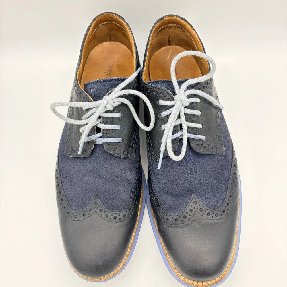 Cole Haan LunarGrand Navy Leather Suede Wingtip Oxfords M9 Blokecore Tech Soles